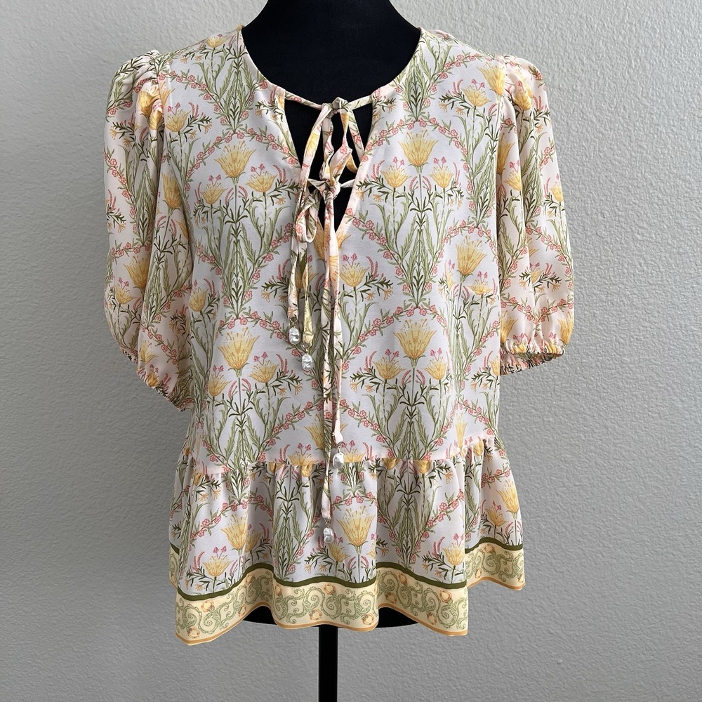 CeCe Medium Floral Peplum Blouse Puff Sleeve Tie Neck Cottagecore Boho Romantic - Picture 2 of 6